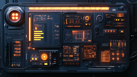 Close up view of control panel in airplane cockpit. 3D rendering