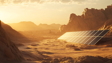 Solar panels in the desert at sunset. 3D Rendering.