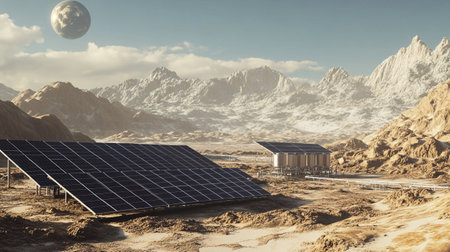 solar energy panels against the backdrop of the mountains and the moonの写真素材