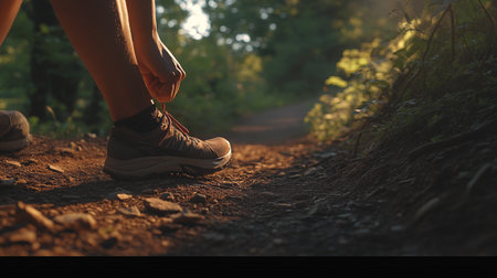 Runner feet running on forest trail. woman fitness jogging workout wellness concept.の写真素材