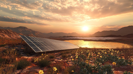 solar panel in the desert at sunset 3d render concept of renewable energy