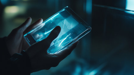 Close-up of a man's hand holding a transparent smartphone.の写真素材