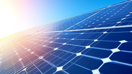 solar energy panels on blue sky background, photovoltaic conceptの写真素材