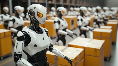 Robot in warehouse. 3d rendering. Robot in warehouse.