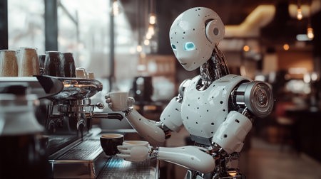 Robot serving coffee in coffee shop. Modern technology concept. 3d rendering
