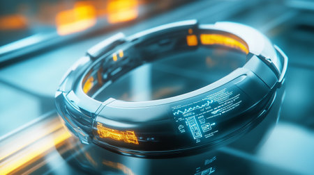 Futuristic wearable smart watch with blue and orange lights. 3d renderingの写真素材