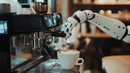 Close up of robot hand making cappuccino in coffee shopの写真素材