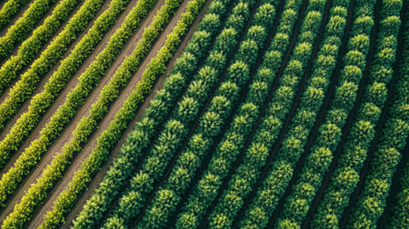Aerial view of rows of rows of green plants in a fieldの写真素材