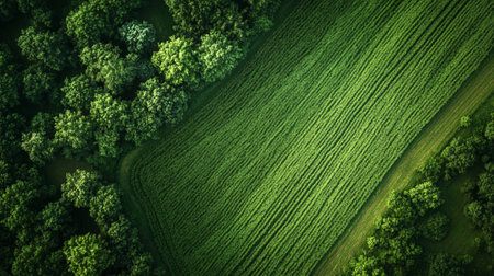 Aerial view of green field with trees at sunset. Nature composition.の写真素材