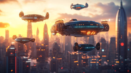 Flying saucers over the city at sunset. 3d rendering