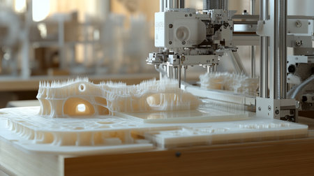 3d rendering of a 3d printer printing plastic model in a laboratory