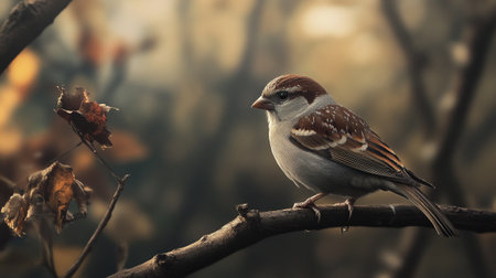 Sparrow sitting on a branch in the autumn forest, filtered.