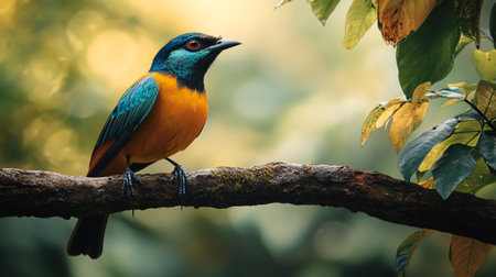 Beautiful colorful bird sitting on a branch in the rainforest.の写真素材