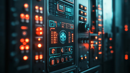 Electronic control panel in server room. 3d rendering. Computer digital image.の写真素材