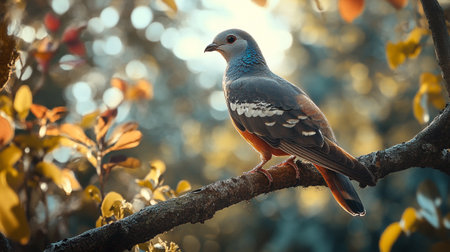 Pigeon sitting on a branch in the autumnal forest.の写真素材