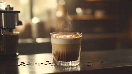 Cup of coffee with latte art on bar counter in cafeの写真素材