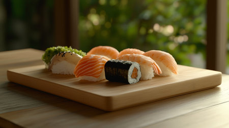 Sushi set on wooden table, japanese food restaurant menuの写真素材