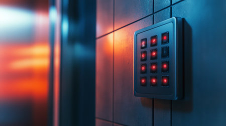 Doorbells on the wall of an office building at nightの写真素材