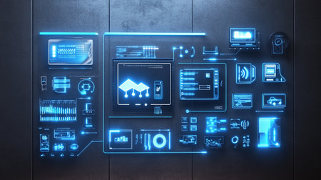 Futuristic user interface on the wall. 3d rendering.