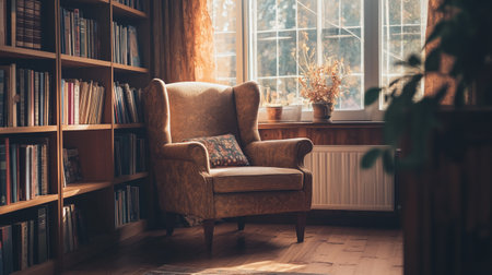 Interior of cozy living room with armchair and bookshelfの写真素材