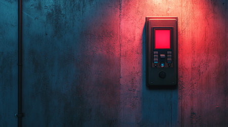 Red light switch on a dark blue wall with copy space for text