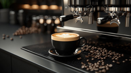 Cup of coffee with latte art and coffee beans on bar counter