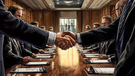 Business people shaking hands in a meeting room, 3D illustration.