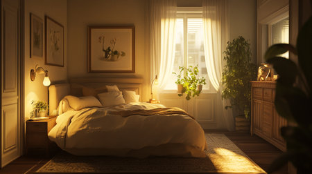 Luxury bedroom interior design. 3D render. Evening light.