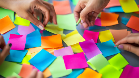 Close-up of business people brainstorming over sticky notes in office