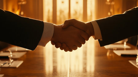 Close-up of two businessmen shaking hands in a meeting room.の写真素材