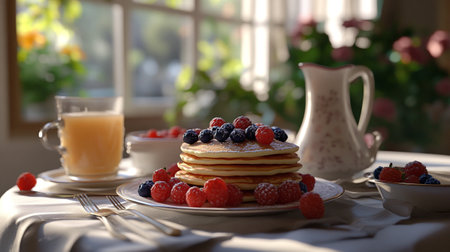 Delicious pancakes with berries on table in cafe, closeup view