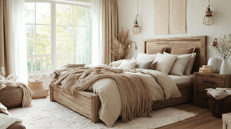 Stylish bedroom interior with wooden double bed and knitted blanket. 3d render