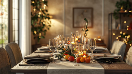 Beautiful festive table setting for Christmas dinner in living room, closeupの写真素材