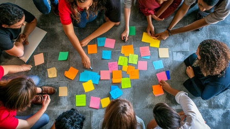 High angle view of multiethnic group of students sitting on the floor and making notesの写真素材
