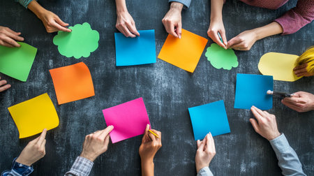 Top view of group of people sitting at table and making notes in officeの写真素材