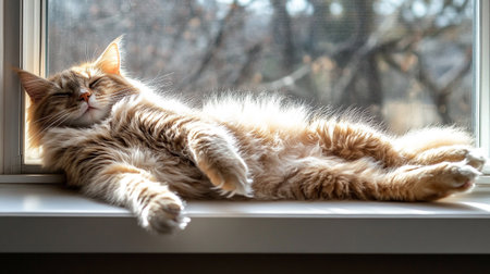 Siberian cat lying on the windowsill. Cozy home.の写真素材