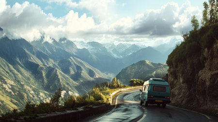 Mountain road with camper van and clouds in the background.