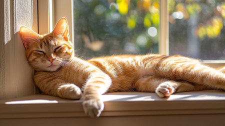 Cute ginger cat lying on the windowsill and enjoying the sunの写真素材