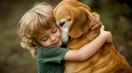 Cute little boy hugging his dog in the park. Selective focus.の写真素材