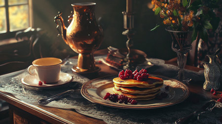 A stack of pancakes with berries and a cup of tea on a wooden table