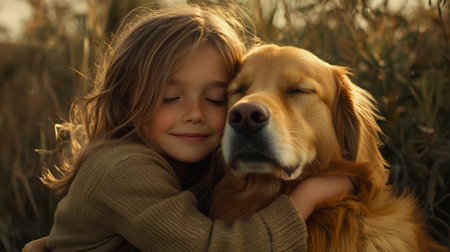 Little girl with her dog in the field. Golden retriever and girl.の写真素材