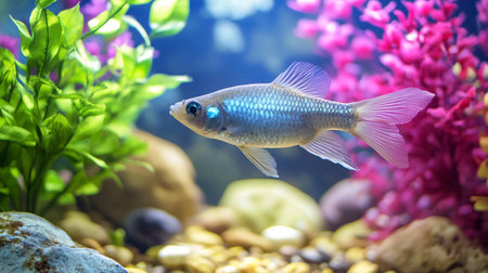 Tropical fish in an aquarium with colorful plants and corals