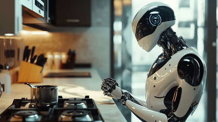 Robot in the kitchen. Artificial intelligence concept. 3d rendering.の写真素材