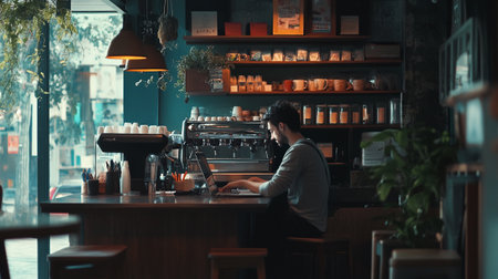 Barista working in coffee shop. Young man working at cafe.