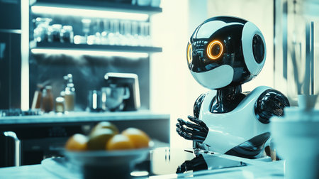 Robot in the kitchen. Artificial intelligence concept. 3d rendering.の写真素材