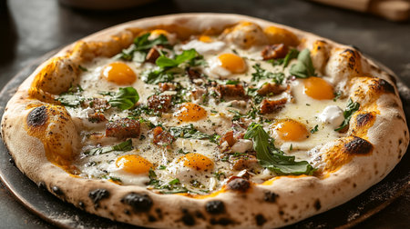 Pizza with fried eggs and bacon on dark background, closeupの写真素材