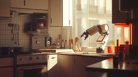 robot in modern kitchen interior. 3d rendering toned imageの写真素材