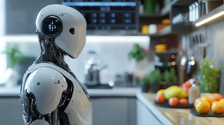 Robot in modern kitchen. Concept of artificial intelligence. 3d renderingの写真素材