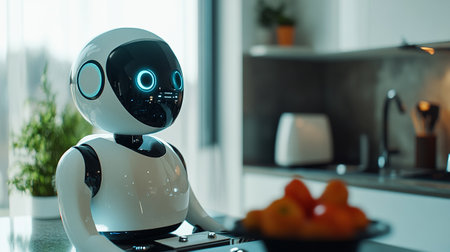 close up view of cute robot sitting on table in kitchen at homeの写真素材