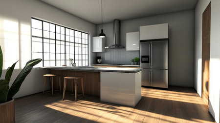 3d Illustration of white modern kitchen in a house with a beautiful design